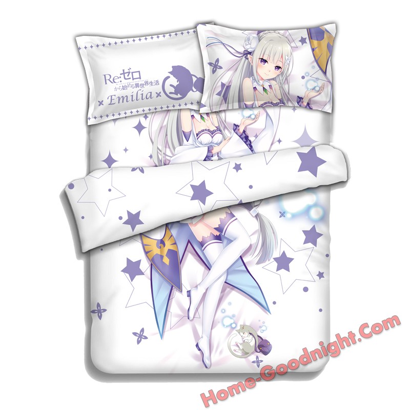 Emilia - Re Zero Anime 4 Pieces Bedding Sets,Bed Sheet Duvet Cover with Pillow Covers